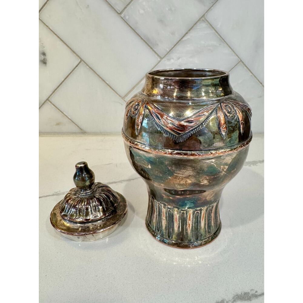 Antique Silverplate Lidded Jar Victorian Art Nouveau Urn Tobacco Ginger c 1900 - Picture 7 of 8